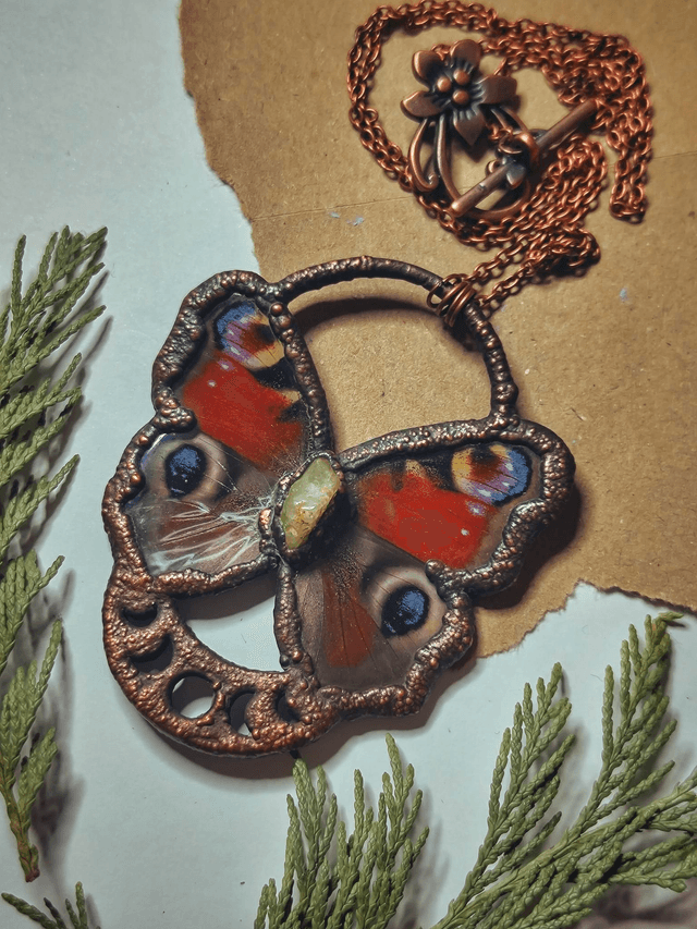 Peacock Butterfly Wings &amp; Citrine Moon Phase Necklace