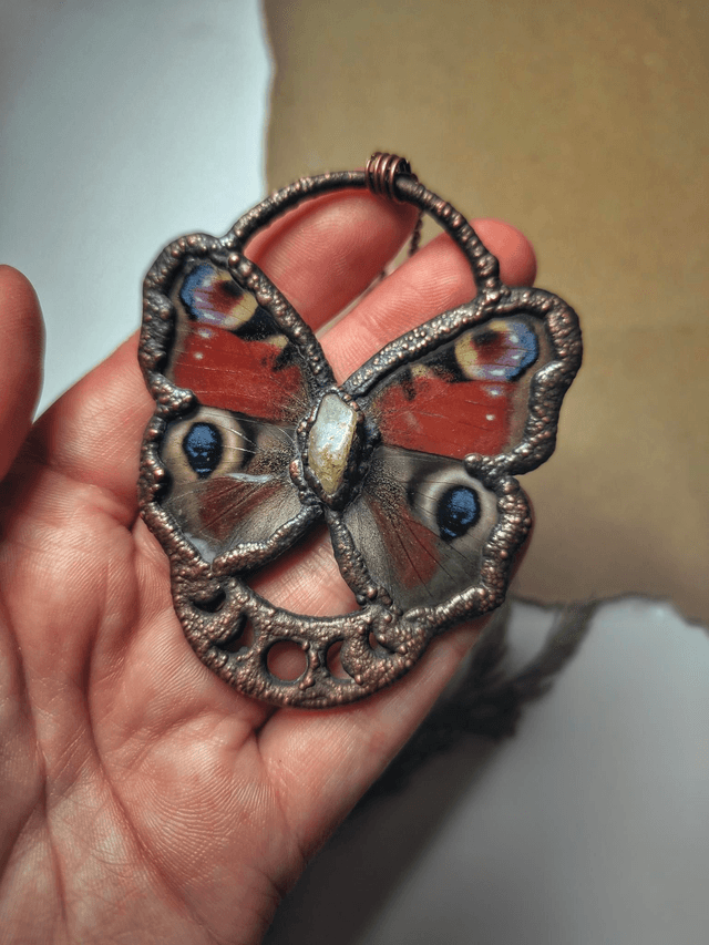 Peacock Butterfly Wings & Citrine Moon Phase Necklace